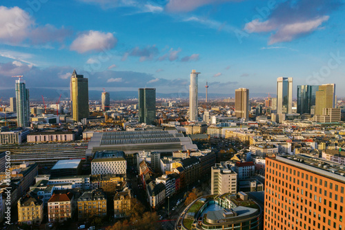  Frankfurt am Main aerial view with drone. Sunset in Frankfurt am Main. 10.12.2019 Frankfurt am Main Germany.