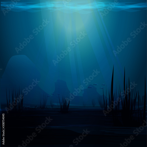 Underwater Background with Fishes, Sea plants and Reefs