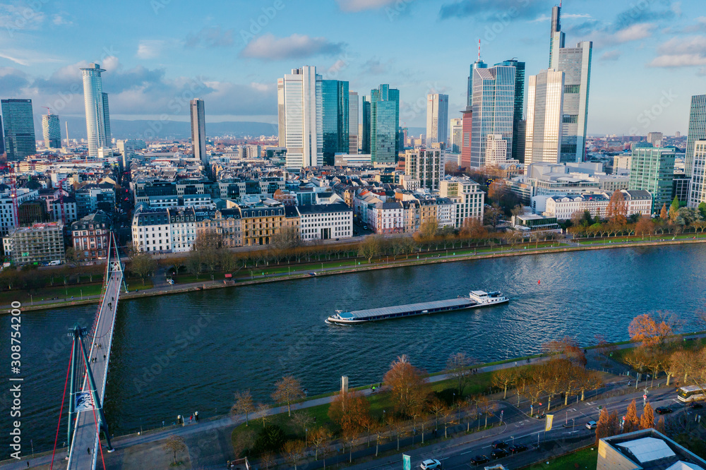  Frankfurt am Main aerial view with drone. Sunset in Frankfurt am Main. 10.12.2019 Frankfurt am Main Germany.