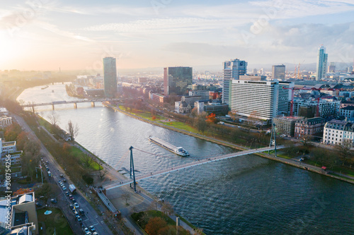  Frankfurt am Main aerial view with drone. Sunset in Frankfurt am Main. 10.12.2019 Frankfurt am Main Germany.
