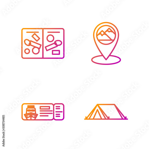 Set line Tourist tent, Cruise ticket for traveling by ship, Passport pages with visa stamps and Map pointer with mountain. Gradient color icons. Vector