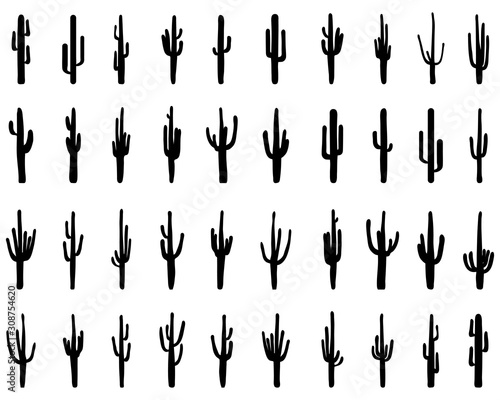 Black silhouettes of different cactus on a white background