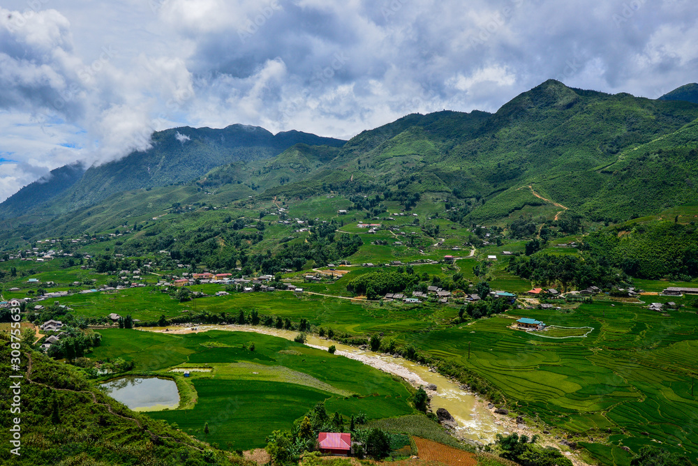 Beautiful view of green paddy hills and plantation area in Sapa, Vietnam.