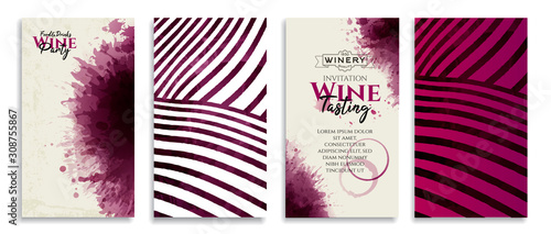 Templates with of wine backgrounds. Red wine stains texture. Vineyard rows concept.