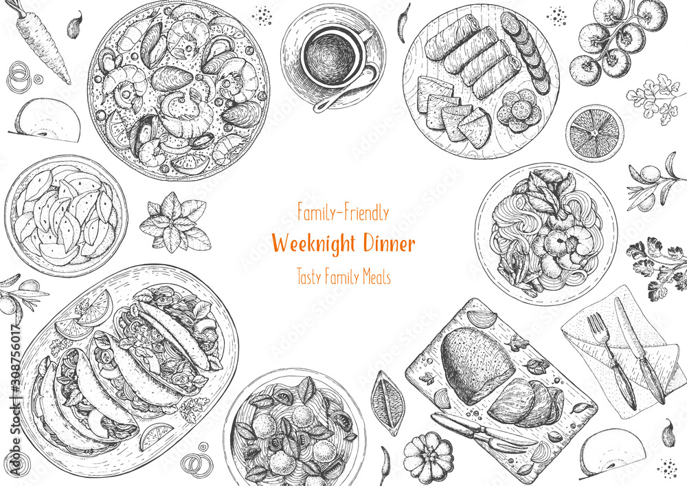 Family dinner top view, vector illustration. Friendly dinner table. Food design template. Engraved style background. Hand drawn sketch, design template.