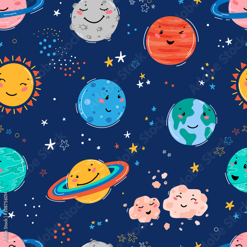 Space Seamless Pattern with Planets Solar System, Sun, Meteorite and Stars. Doodle Cartoon Cute Planet Smiling Face. Space Vector Background for Kids t-shirt Print, Nursery Design, Birthday Party 