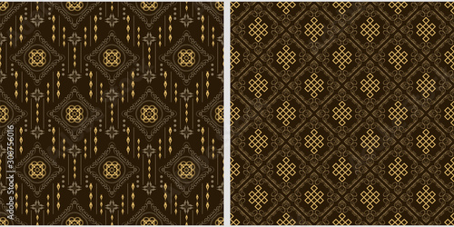 Dark background images. Oriental motif. Chinese and Indian styles. Set of 2 templates for your design, wallpaper texture. Colors: black, gold. Vector illustration.