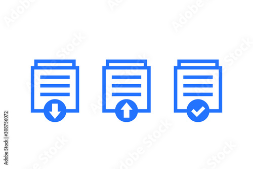 documents download, upload icons on white, vector