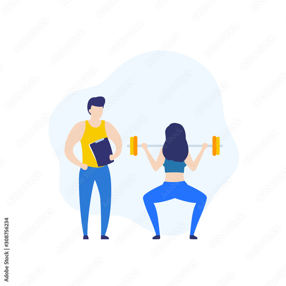 personal trainer and girl doing squat with barbell personal trainer and girl doing squat with barbell