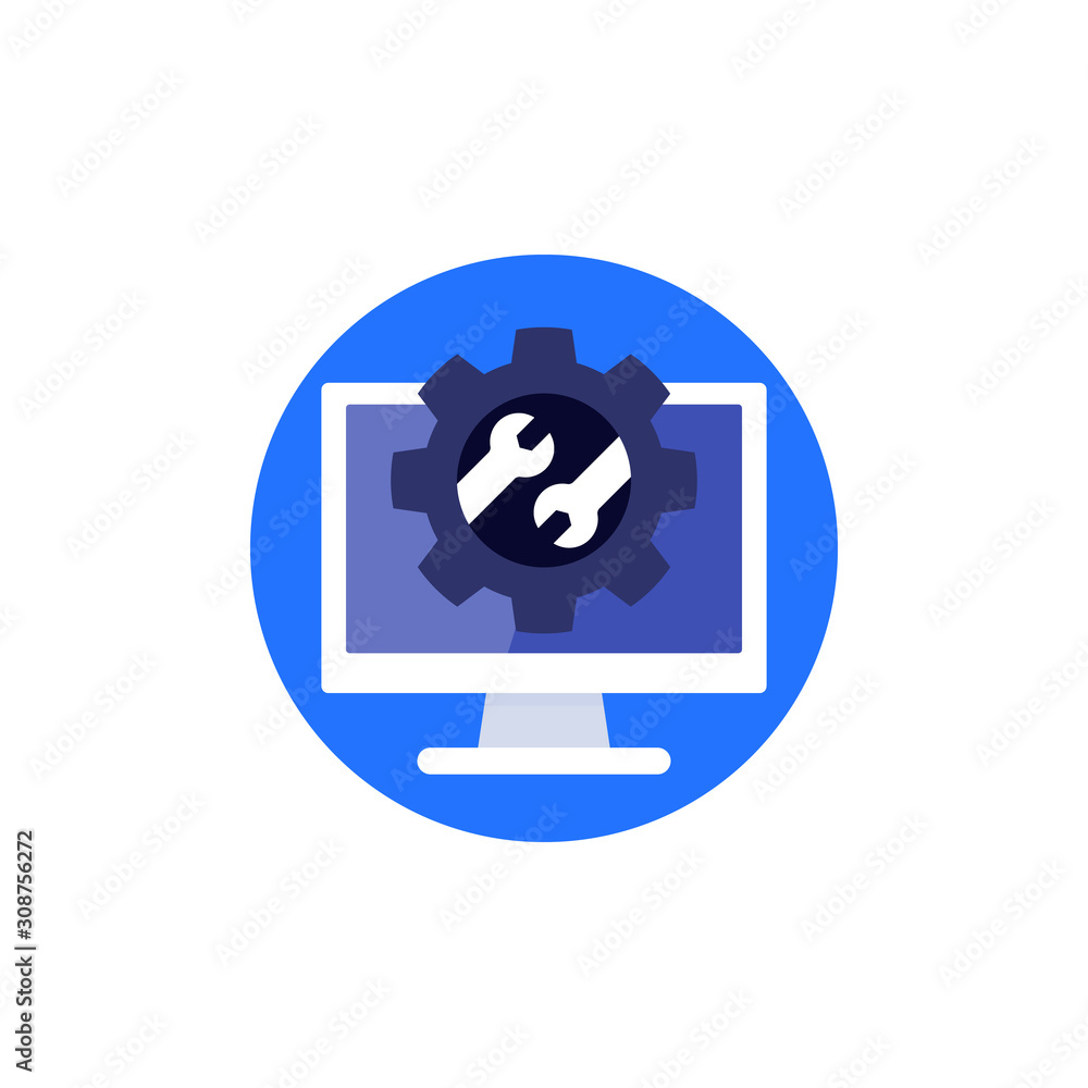 repair service, gear and wrench on computer screen, vector icon repair service, gear and wrench on computer screen, vector icon