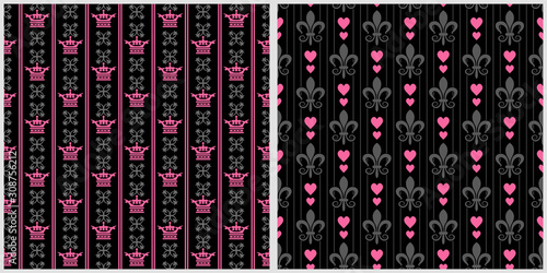 Background images. Modern style. Set of 2 templates for your design, wallpaper texture. Seamless pattern. Colors: silver, black, pink. Vector illustration.