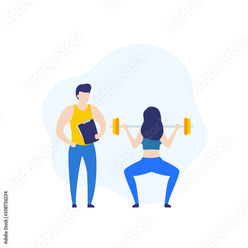 personal trainer and girl doing squat with barbell
