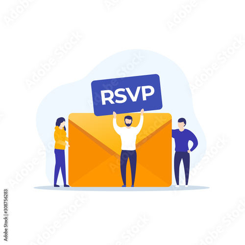 RSVP, envelope and people, vector illustration
