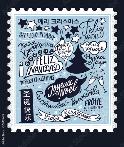 Merry Christmas in different languages. Vintage stamp card design with hand lettering text, international winter holidays greetings. Blue retro illustration with Cristmas tree. Feliz Navidad, Joyeux