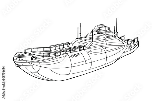 3d model of realistic warship. Sketch of detailed naval vessel Isolated on white background. Water war transport. Marine ship design. Single object. Contour stock vector illustration