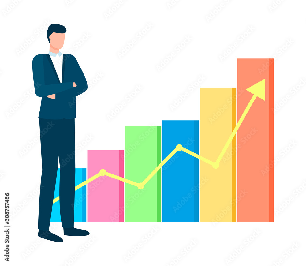 Infochart with raising arrowhead vector, male looking at result of business project, analysis and stats in visual representation, chef head of company Infochart with raising arrowhead vector, male looking at result of business project, analysis and stats in visual representation, chef head of company