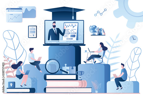 Webinar,online courses or tutorial in network. Employees with laptops learning at professional training.
