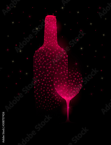 Silhouette of bottle and glass of wine or drink with pink red lines and bright lights. Background night sky with stars. Elegant style.