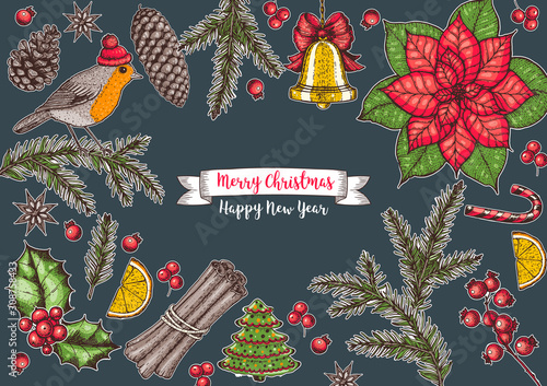 Christmas greeting card. Hand drawn sketch. Vector illustration. Christmas invitation design template.