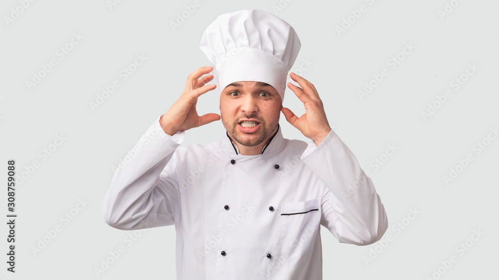 Angry Chef Cook Man Gesturing With Hands, Studio Shot, Panorama Angry Chef Cook Man Gesturing With Hands, Studio Shot, Panorama