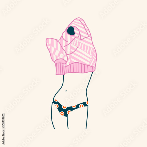 Outline Young girl in colorful panties Dressing Up herself. Lady Putting on or taking off a sweater. Clothes with Various prints. Hand drawn vector fashion illustration