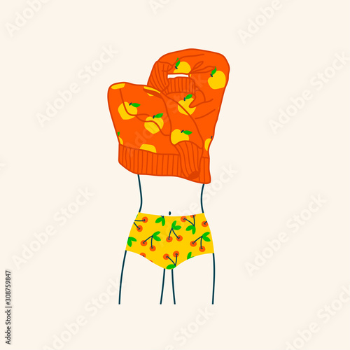 Outline Young girl in colorful panties Dressing Up herself. Lady Putting on or taking off a sweater. Clothes with Various prints. Hand drawn vector fashion illustration