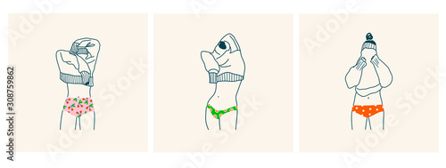 Set of young women in colorful panties. Lady Putting on or taking off a sweater. Clothes with Various prints. Hand drawn vector fashion illustration. All elements are isolated