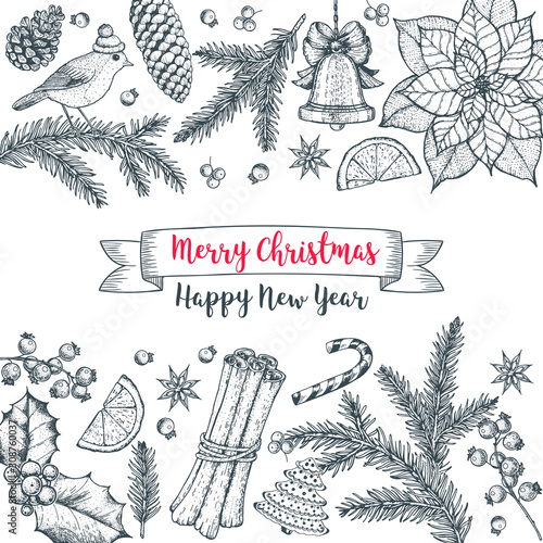 Christmas greeting card. Hand drawn sketch. Vector illustration. Christmas invitation design template. Sketch collection.
