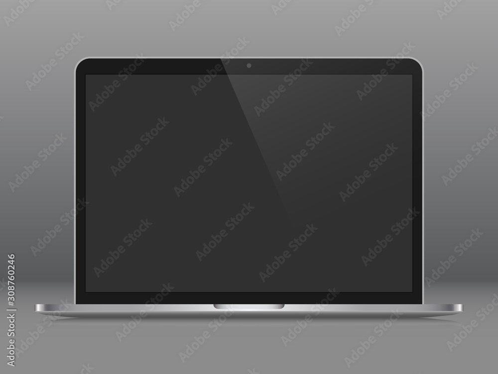 Realistic notebook with a blank screen off. Isolated, on a gray curved background, with a reflection. The display is opened 90 degrees. Front view. Modern mobile device. Realistic notebook with a blank screen off. Isolated, on a gray curved background, with a reflection. The display is opened 90 degrees. Front view. Modern mobile device.