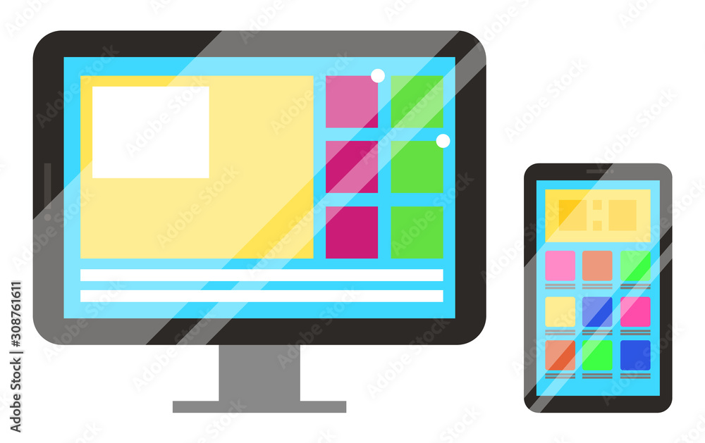 Personal computer with big screen and smartphone isolated set. Modern gadgets with monitors. Equipments for using internet and talking. Assortment of devices in shop, technologies vector in flat Personal computer with big screen and smartphone isolated set. Modern gadgets with monitors. Equipments for using internet and talking. Assortment of devices in shop, technologies vector in flat