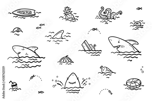 Cartoon Summer Sea Icons. Cute Shark Smiling Characters with Various Objects and Food Floating or Sinking in Water Vector Set for Kids Fashion, Nursery, Scandinavian Print or Poster. Coloring page