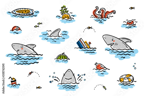 Cartoon Summer Sea Icons. Cute Shark Smiling Characters with Various Objects and Food Floating or Sinking in Water Vector Set for Kids Fashion, Nursery, Scandinavian Print or Poster