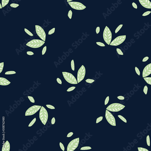 Classic Blue Hand Painted Leaf Background. Elegant Horizontal Srtiped Leaves Motif Seamless Pattern. Navy Bloom Stripe on Dark Deep Indigo. All Over Print Textile. Repeat Illustration Vector EPS 10
