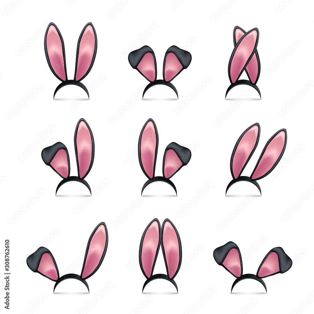 Rabbit ears realistic 3d vector illustrations set. Black Easter bunny ears  kid headband, mask collection. Hare costume pink cartoon element. Photo  editor, booth, video chat app color isolated cliparts Stock Vector |
