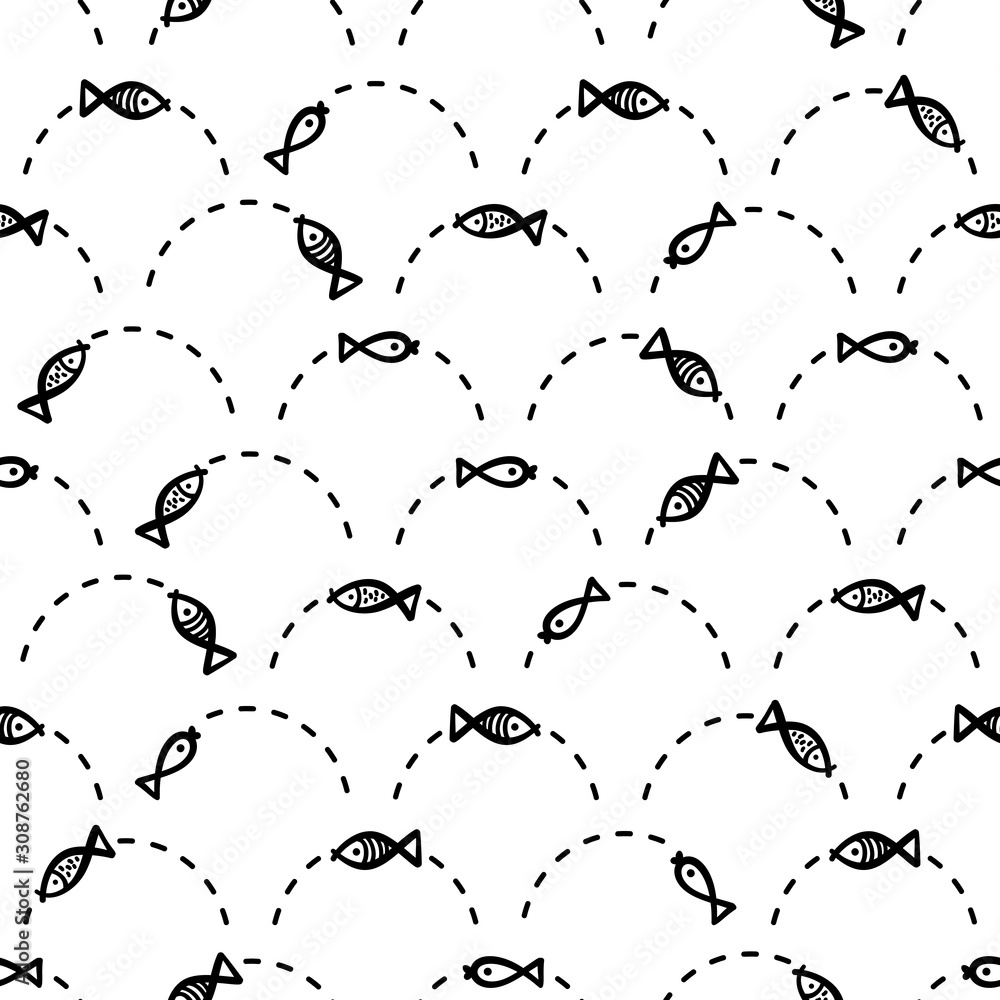 Small Fishes Seamless Childish Pattern. Background for Kids with Hand drawn Doodle Cute Fish. Cartoon Sea Animals Vector illustration in Scandinavian style Small Fishes Seamless Childish Pattern. Background for Kids with Hand drawn Doodle Cute Fish. Cartoon Sea Animals Vector illustration in Scandinavian style