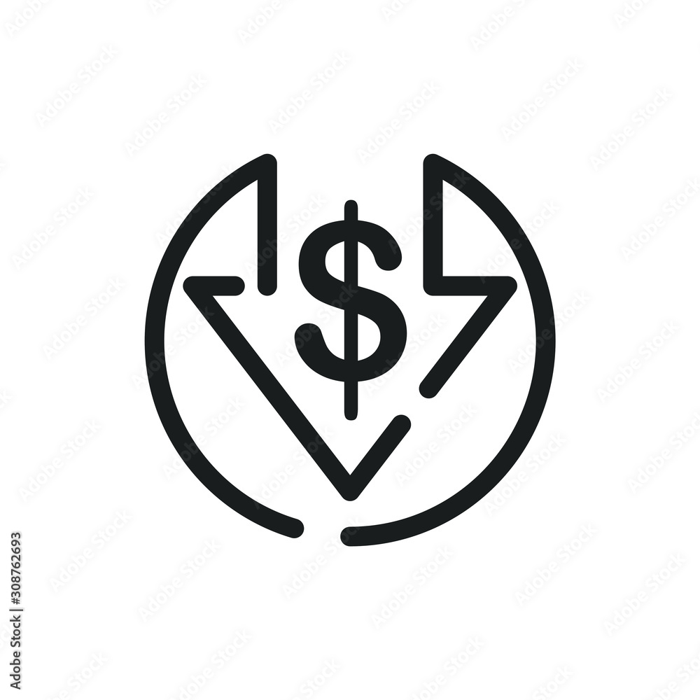 Cost reduction icon template color editable. Dollar Down symbol vector sign isolated on white background. Simple logo vector illustration for graphic and web design. Cost reduction icon template color editable. Dollar Down symbol vector sign isolated on white background. Simple logo vector illustration for graphic and web design.