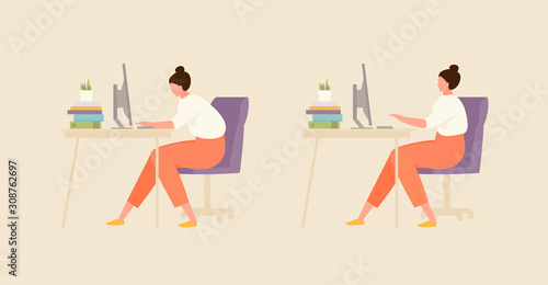 Girl with correct and incorrect posture