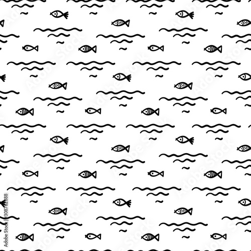 Small Fishes Seamless Childish Pattern. Black and White Background for Kids with Hand drawn Doodle Cute Fish and Sea Waves. Cartoon Sea Animals Vector illustration in Scandinavian style