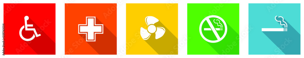 Obraz premium Set of colorful web flat design vector icons, wheelchair, cigarette, ventilator, no smoking buttons in eps 10 for webdesign and mobile applications on white background