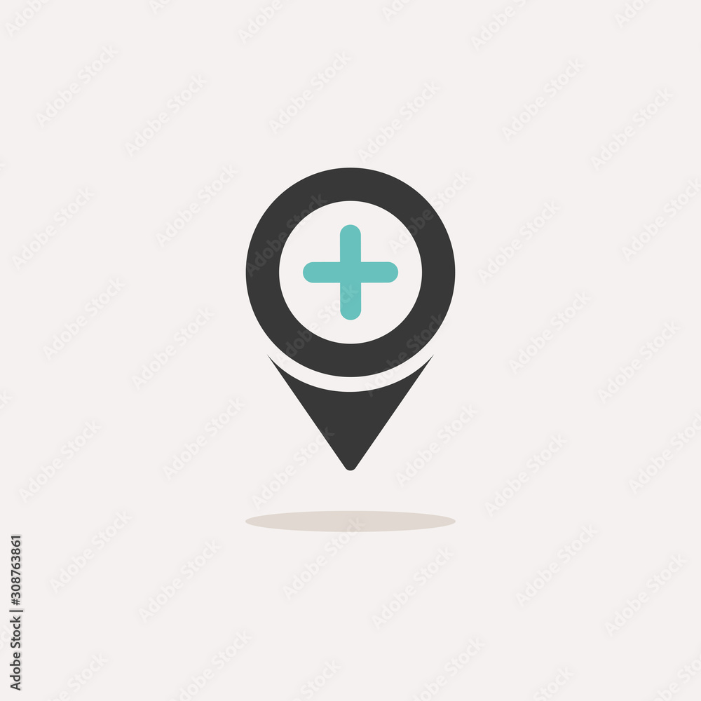 Obraz premium Pharmacy location. Icon with shadow on a beige background. Hospital vector illustration