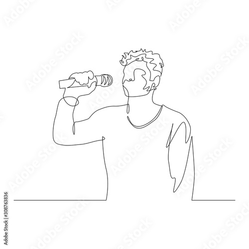 Continuous one line male singer with a microphone in hand sing. Vector illustration.