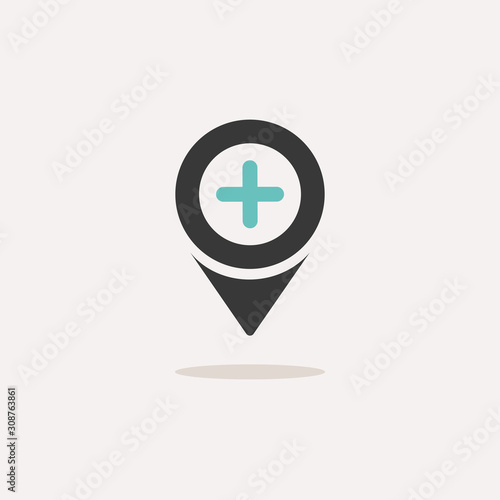 Pharmacy location. Icon with shadow on a beige background. Hospital vector illustration
