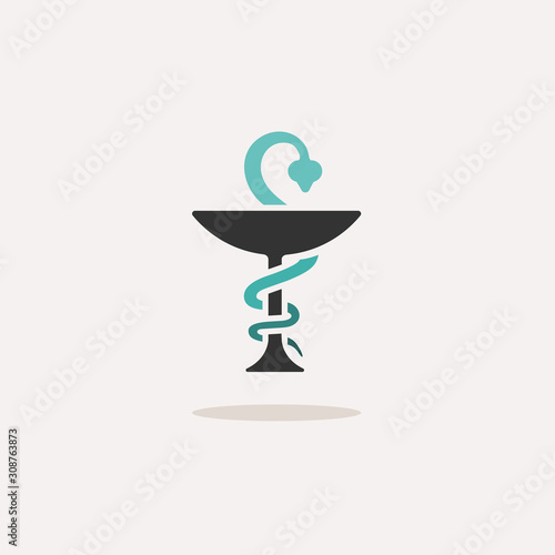 Pharmacy symbol with chalice and snake. Icon with shadow on a beige background. Medicine vector illustration