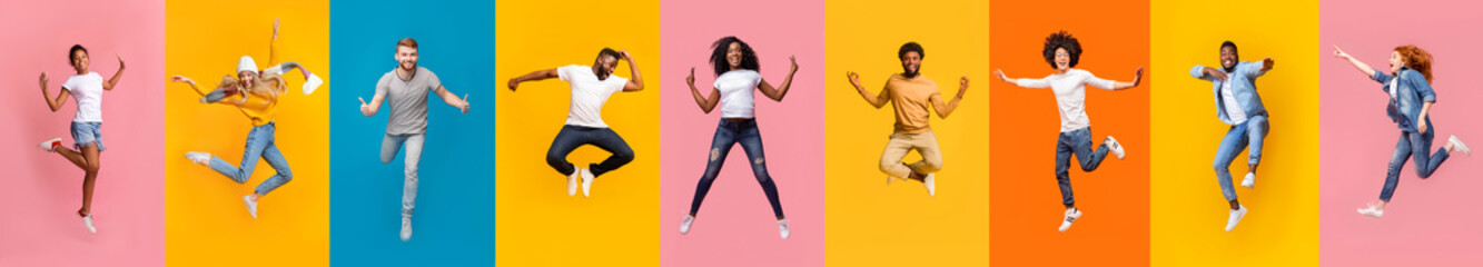 Collage of positive multiracial young people jumping over colorful backgrounds