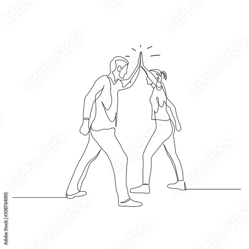 Continuous one line man and woman give five. Teamwork concept. Vector illustration.