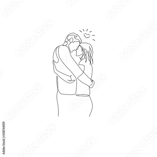 Continuous one line loving couple hugs and looks into each other s eyes. Romantic atmosphere, love day. Vector illustration.