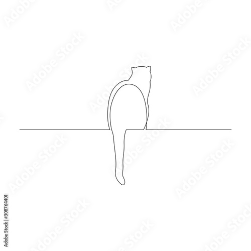 Continuous one line cat sit with its tail dangling on a window sill or parapet. Vector illustration.