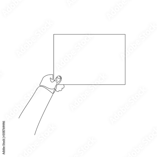 Continuous one line hand holds blank sheet copyspace. Vector illustration.