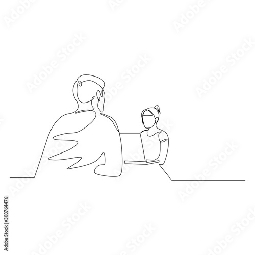 Continuous one line woman is interviewing a man. Job interview. Vector illustration.