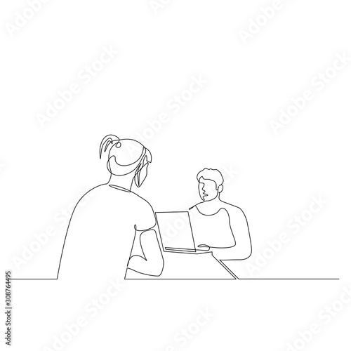 Continuous one line man is interviewing a woman. Job interview. Vector illustration.